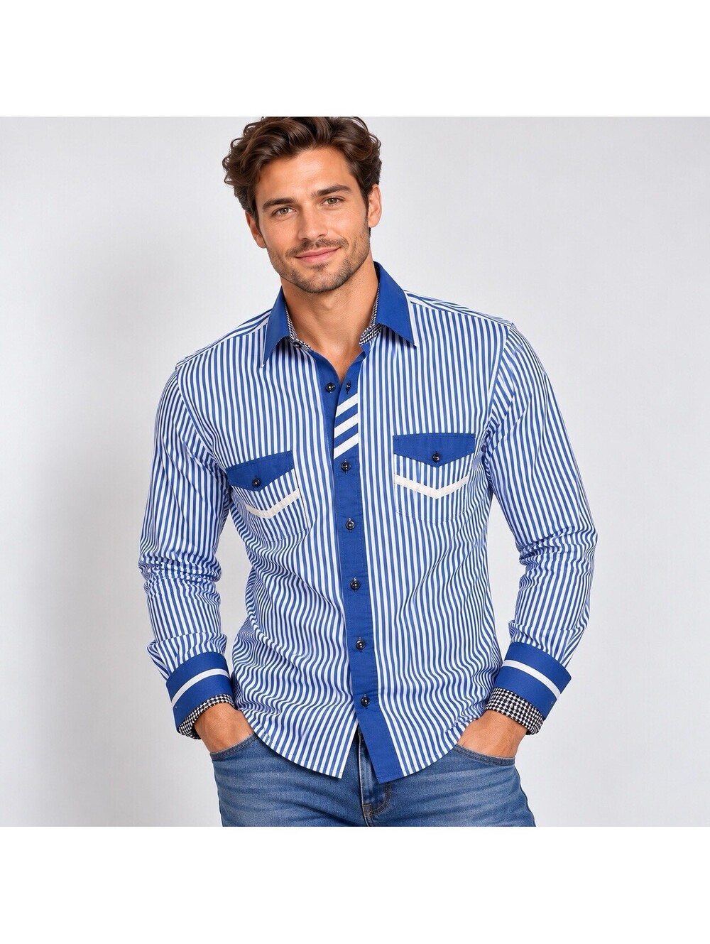 Lamasini Men’s S Blue White Striped Shirt Western Rodeo Cowboy Preppy Beach